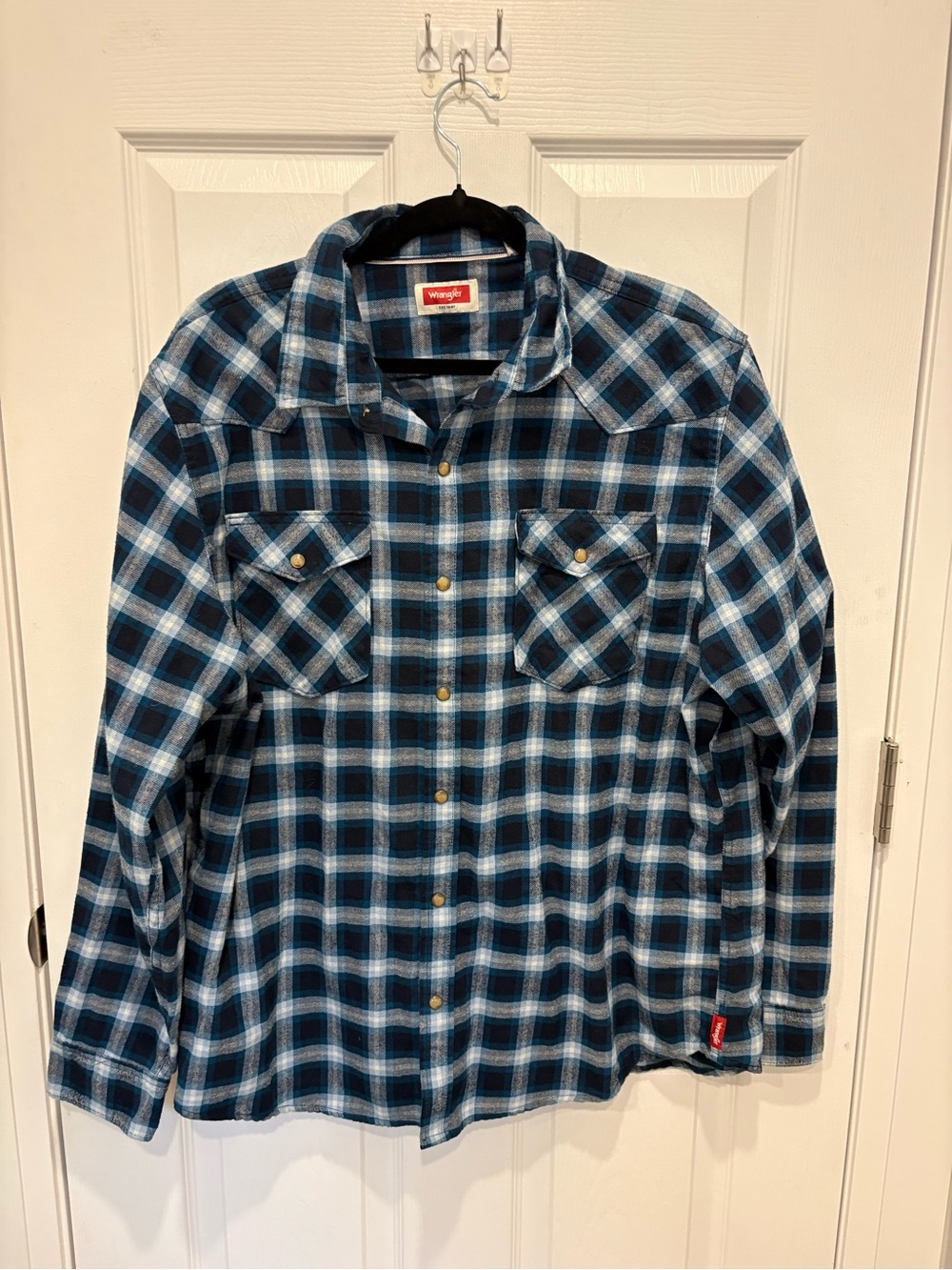 Wrangler Men’s Blue Plaid Flannel Shirt Snap Buttons #1346